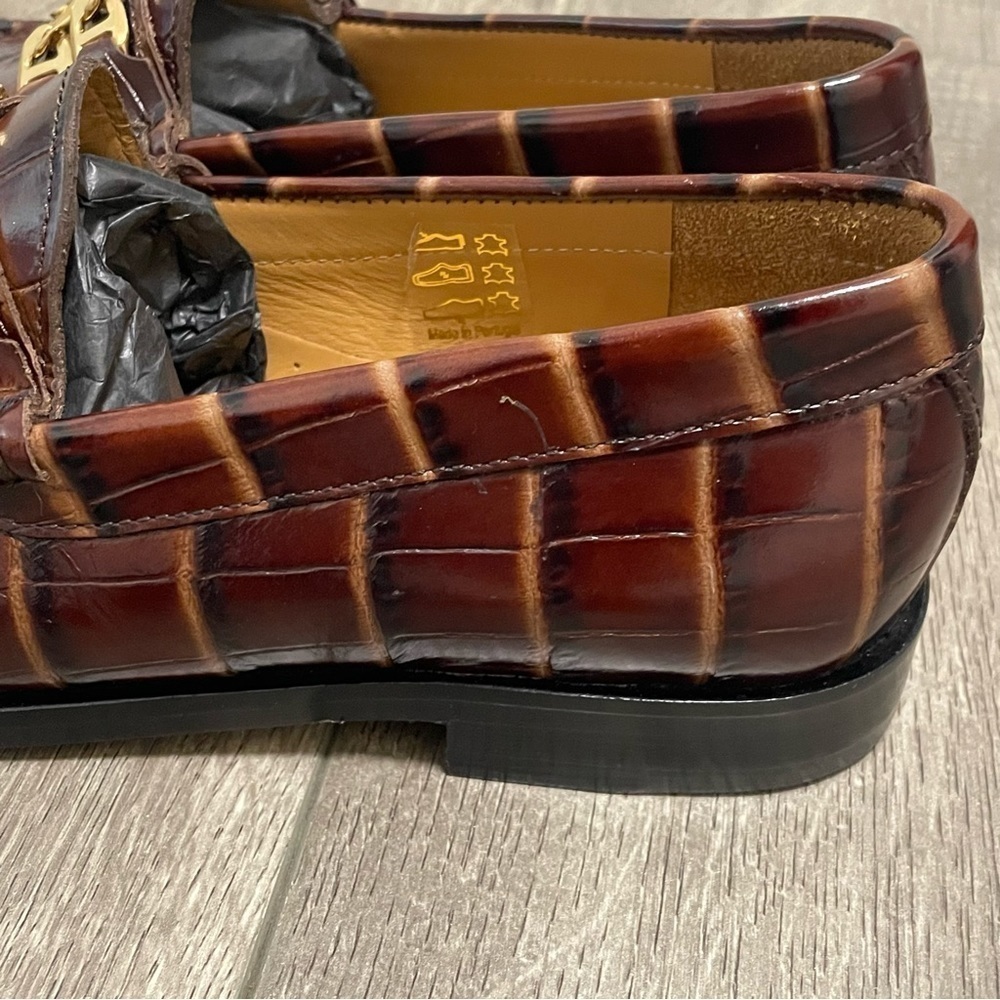 Sandro Brown Leather Croc Embossed Loafers Gold Chain Womens Size 37 US 6.5 NEW - Picture 11 of 11